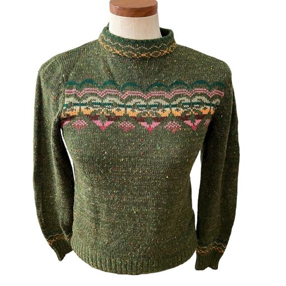 Vintage 70s Cherry Stix fair isle high neck sweater Moss Green - Picture 1 of 7